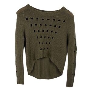 Olive Green Knit Sweater with Cutout Details, Long Sleeve Cropped Pullover‎